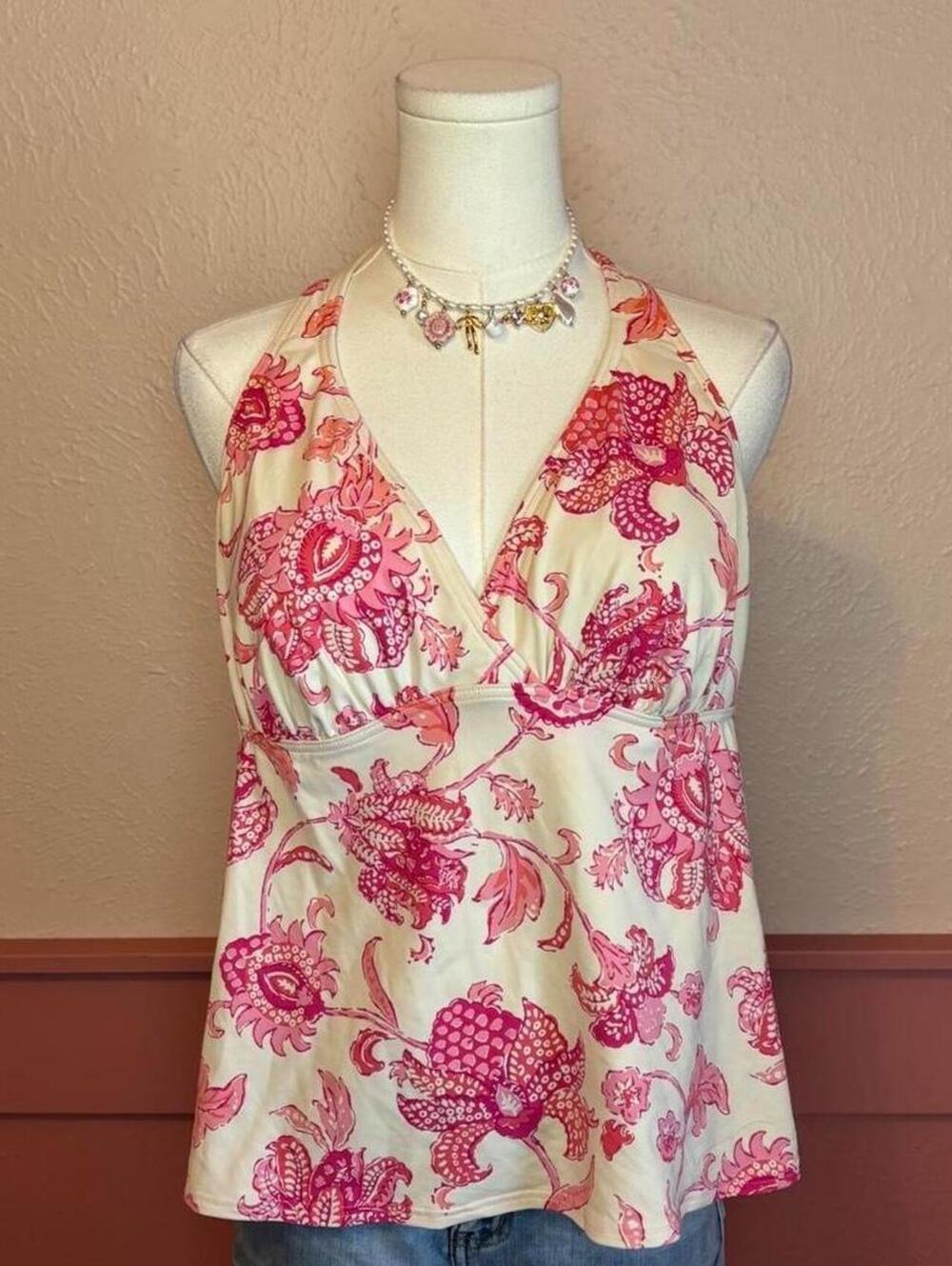 Lands' End pink floral halter top sz 14